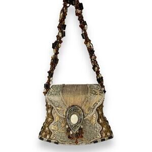 Vintage Mary Frances Beaded Evening Shoulder Bag Tan Gold Pearl Embellished